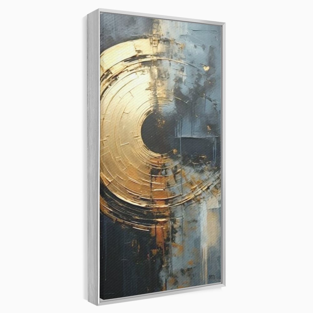 Tablou canvas cu tablou abstract cu cerc auriu, in rama de aluminiu argintiu